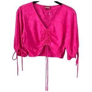 Staud Bloom Top V-Neck Ruched Drawstring Crop Top Size Large in Peony Pink NWT